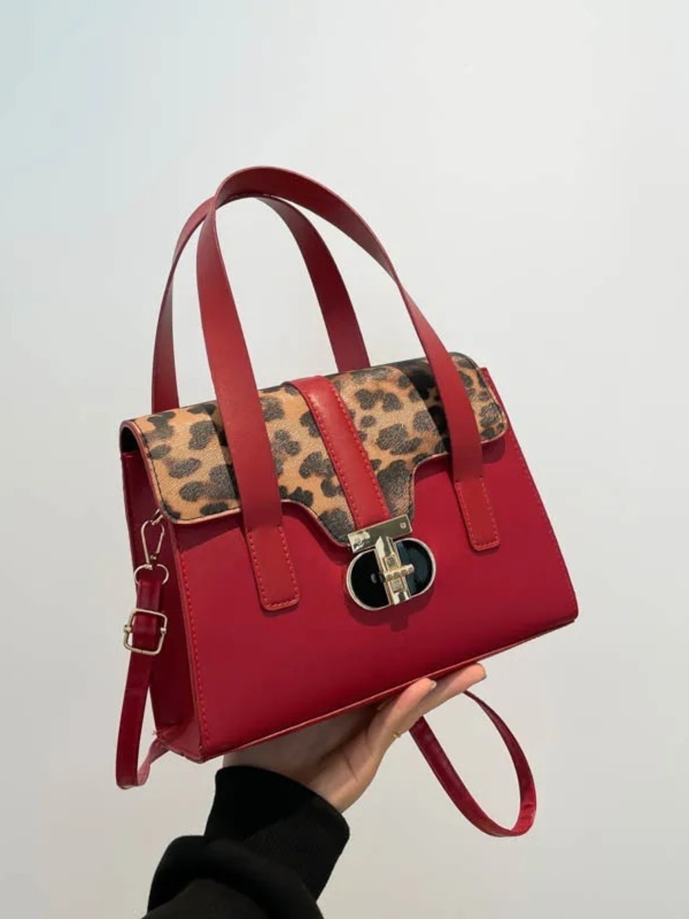 Red Leopard Accent Satchel Handbag